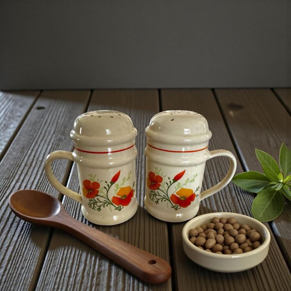 Salt & Pepper Shakers: Vintage California Poppy Stoneware (1970s Boho Style)